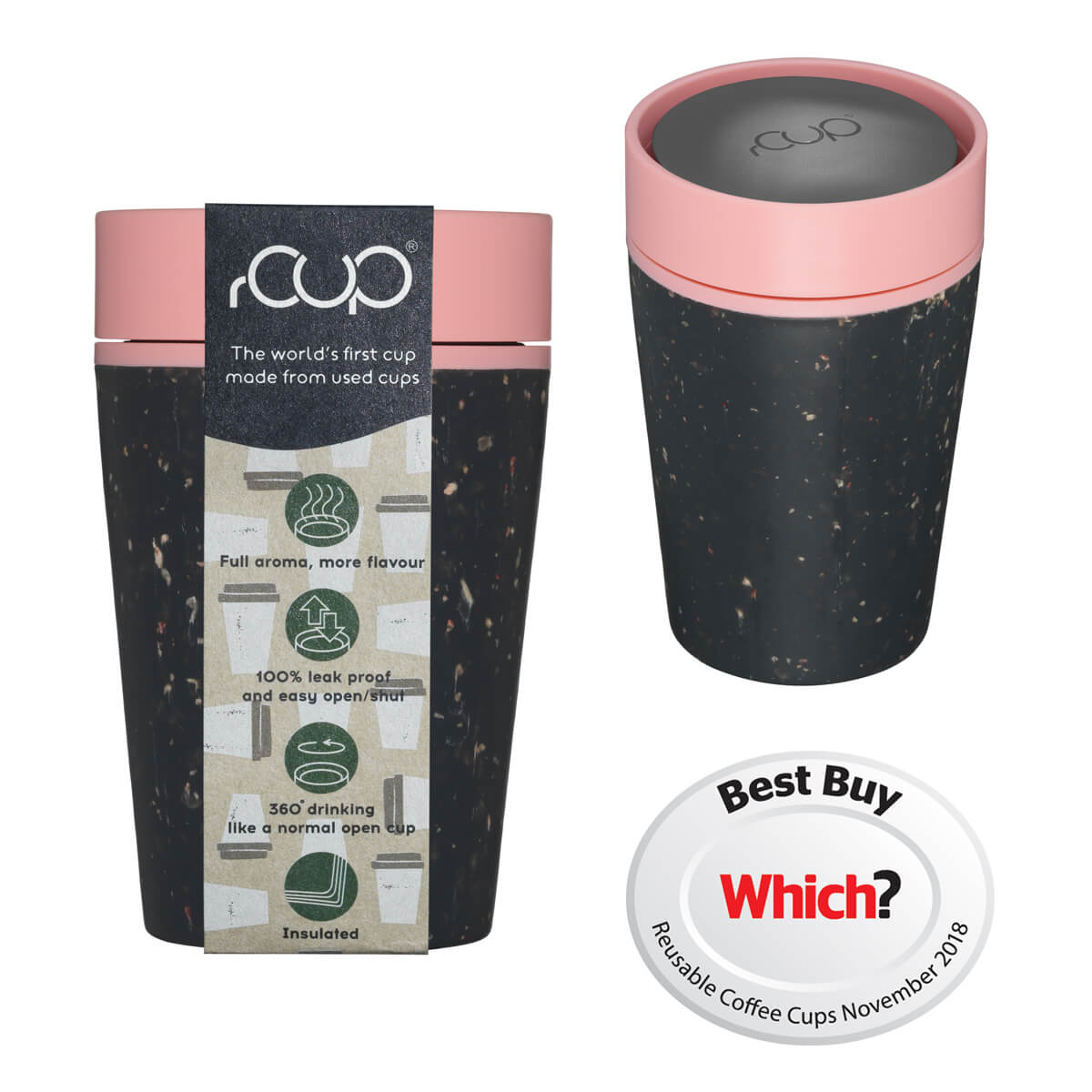 rCUP eco-friendly reusable coffee cup in black and pink
