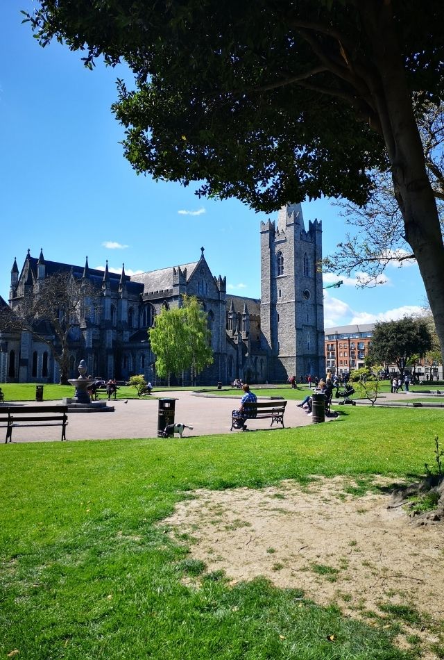 View of park outside St Patrick's Cathedral in Dublin, Ireland